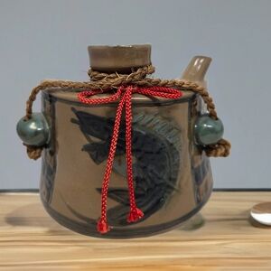 Vintage Japenese Okinawa Ceramic Hip Flask Fish Design Handmade & Painted